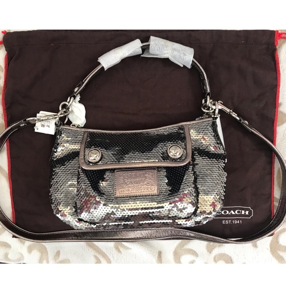NWT RARE Coach gray sequin Poppy cross body bag - Picture 2 of 10
